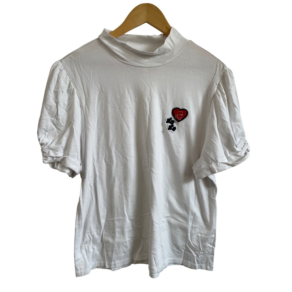 Karl Lagerfeld Paris Womens White Mock Neck Puff Sleeve Heart XO Patch Tee XL